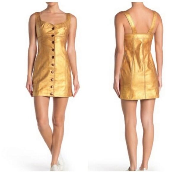 NEW FREE PEOPLE GOLDIE LEATHER MINI DRESS Gold - Picture 4 of 13